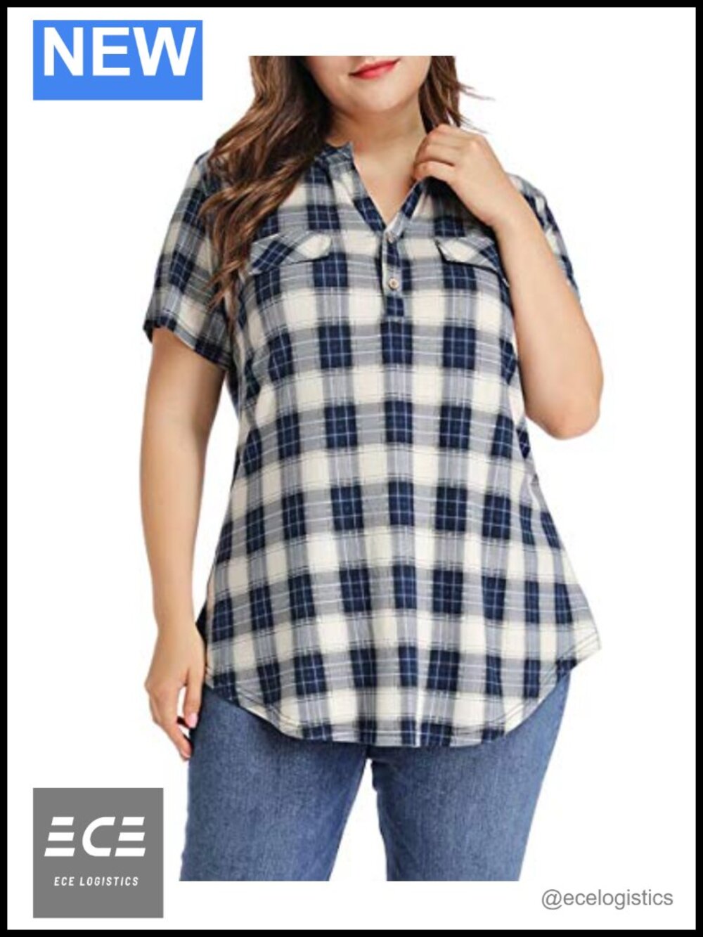 Womens Plus Size Plaid Button Down Tunic Top Short Sleeve Casual Blouse